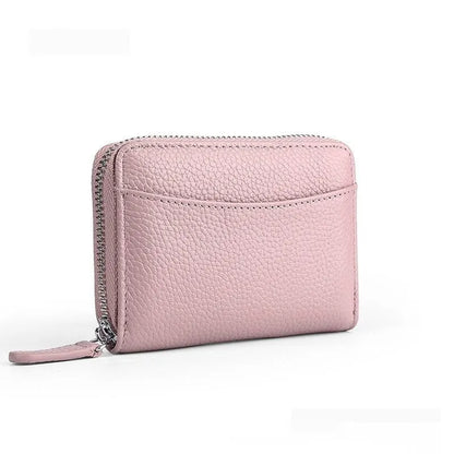 Genuine leather men's and women's zipper coin storage purse in black with sewing line detail.