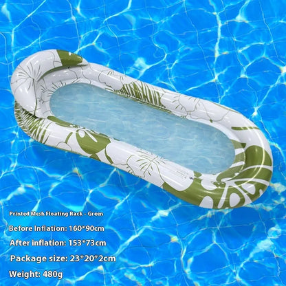 A person lounging on a large, colourful inflatable floating row with sequin details in a swimming pool.