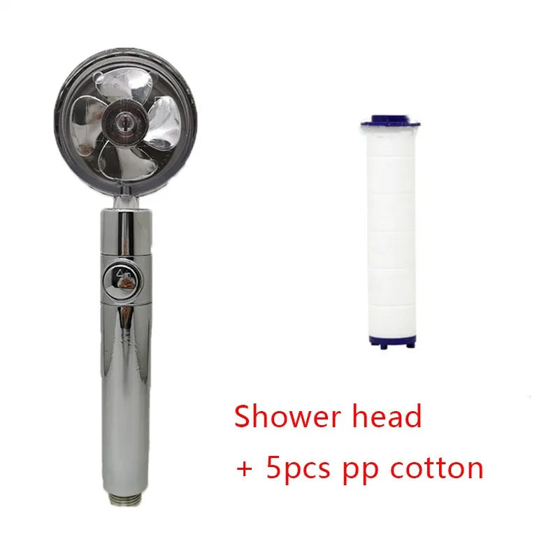 Chrome-finished ABS plastic water-saving shower head with a round, rotating spray head.