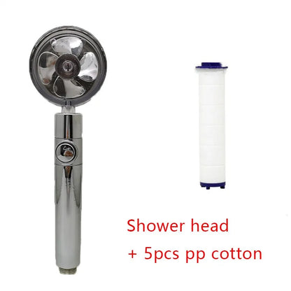 Chrome-finished ABS plastic water-saving shower head with a round, rotating spray head.