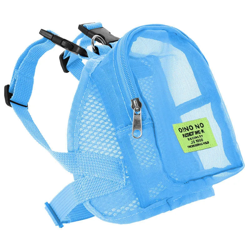 Blue breathable dog backpack with mesh panels and adjustable straps for pet transport