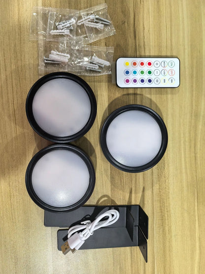 Black magnetic LED painting lamp with remote control on a white wall.