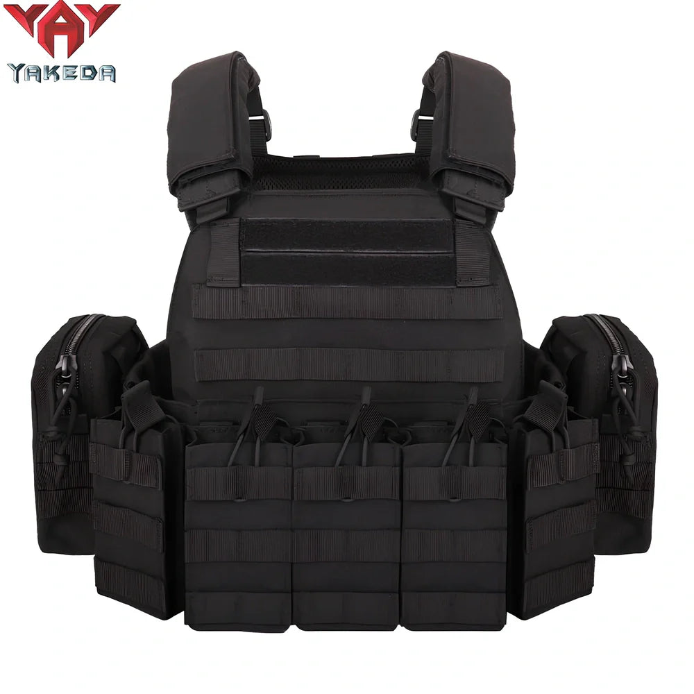 Combat camouflage tactical vest with adjustable waist showing 600D polyester construction and multiple pattern options