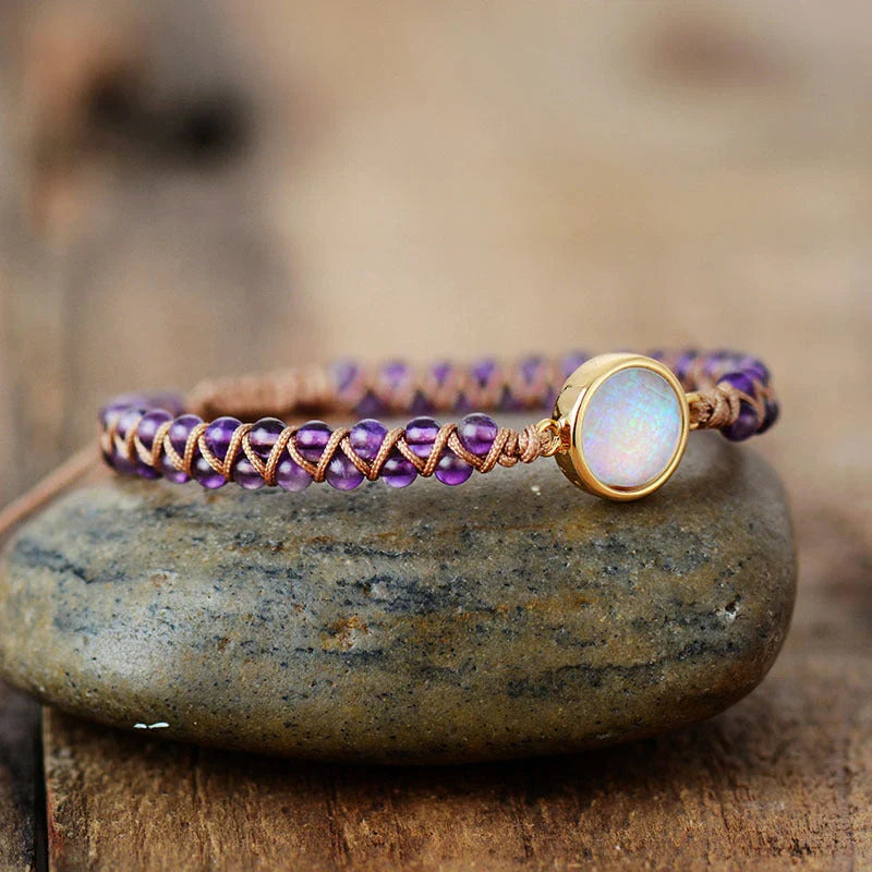 Elegant gemstone wrap bracelets in various colors, featuring amethyst, opal, and other natural stones
