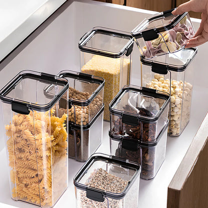 Square clear kitchen storage jar box for pantry organisation with cereals visible inside