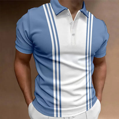 Men's loose fit casual t-shirt with a 3-button printed lapel and short sleeves in blue.