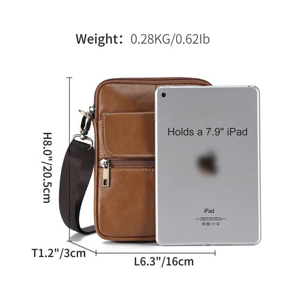 Men's brown leather crossbody shoulder bag with visible stitching and polyester cotton lining