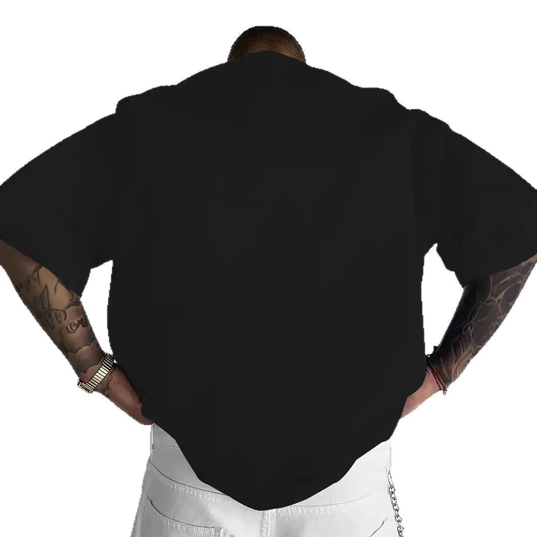 Men's round neck loose letter short sleeve T-shirt in polyester, shown in white, black, coral, and apricot