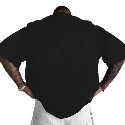 Men's round neck loose letter short sleeve T-shirt in polyester, shown in white, black, coral, and apricot