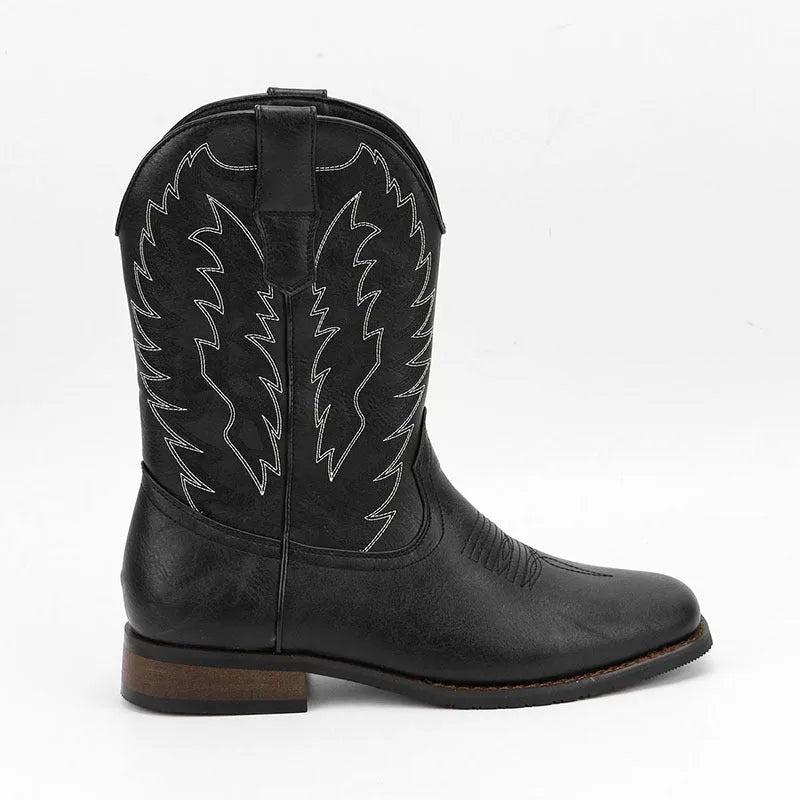 Western Denim Square Toe Motorcycle Boots for Men with Low Wedge Heel and Embroidered Design, Retro Style Casual Motorcycle Riding Shoes in Artificial Leather with Rubber Sole for Autumn Wear, Available in Multiple Colours Including Black, Camel and Brown