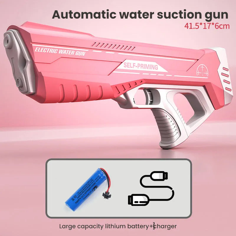 Blue automatic electric water gun with USB charging port and anti-skid grip handle.