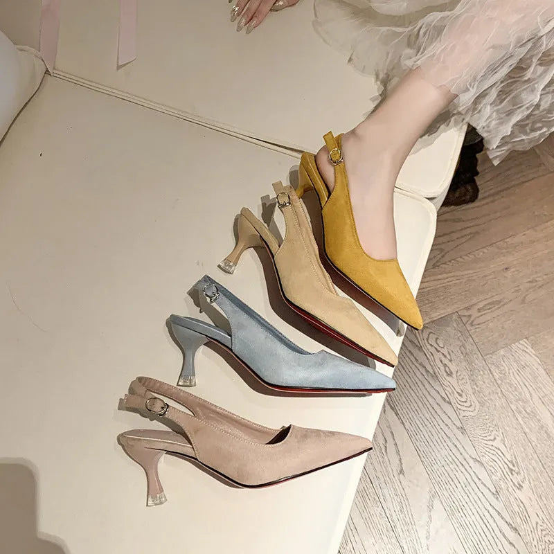 Apricot suede women's pointed-toe stiletto high heels on a plain background.