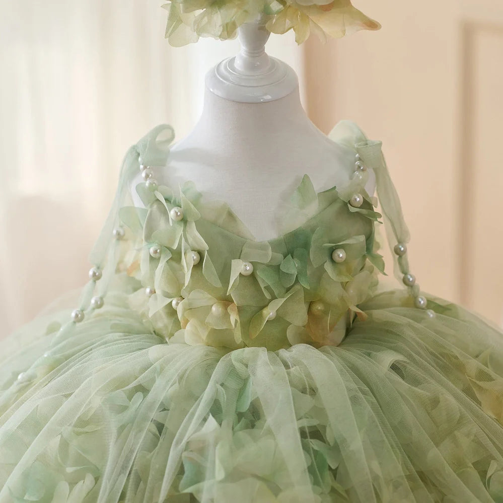 FARCENT girls' princess dress in green champagne colour with French entry lux pearl decorative details