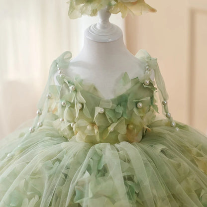 FARCENT girls' princess dress in green champagne colour with French entry lux pearl decorative details