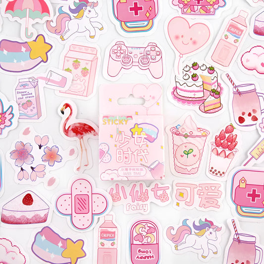 Set of 46 small decorative stickers with cartoon patterns for journal and scrapbook crafts