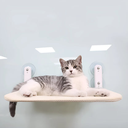 Stainless steel frame cat window hammock with suction cups, shown in grey plush fabric.