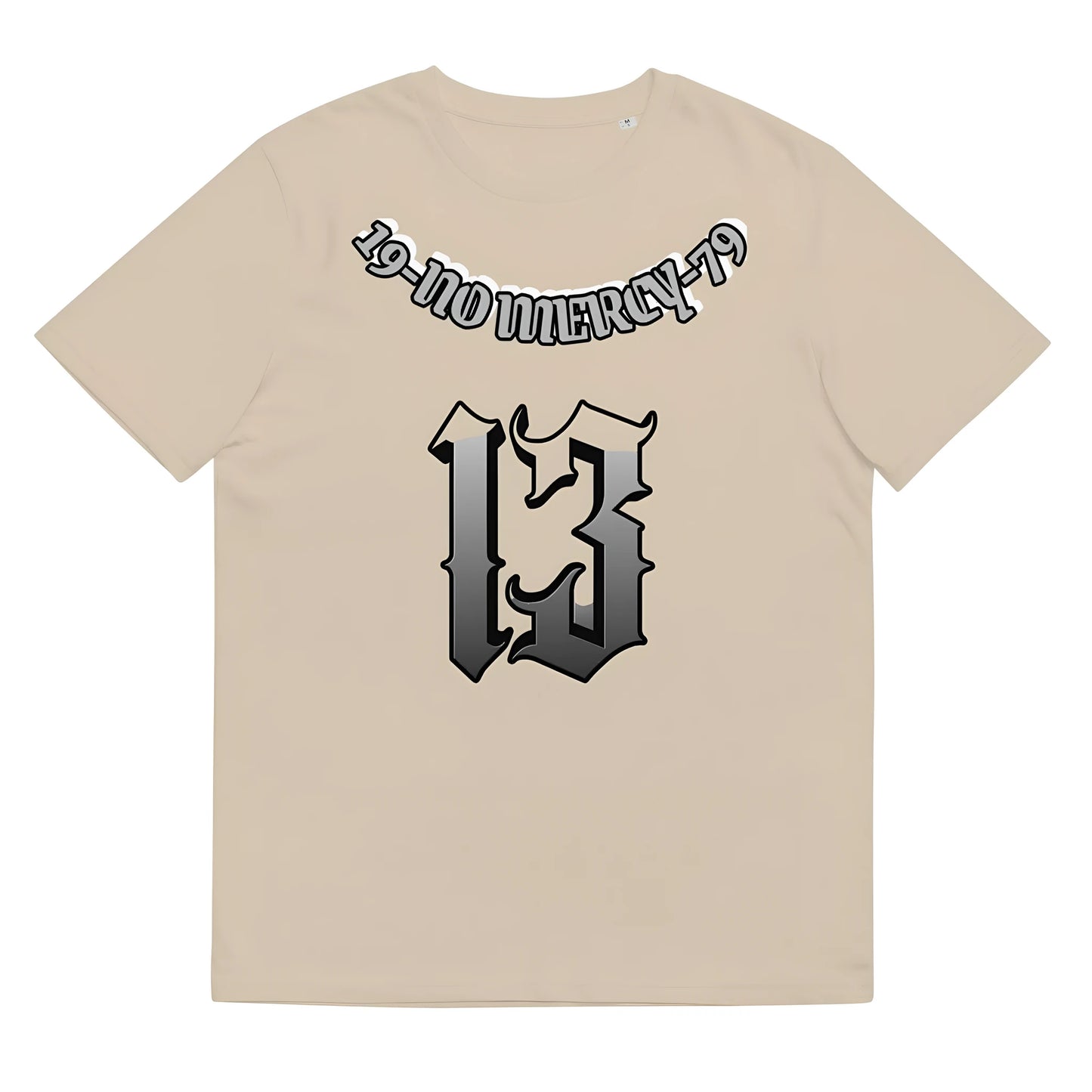 A loose-fitting grey cotton T-shirt with short sleeves and a round neck on a hanger.