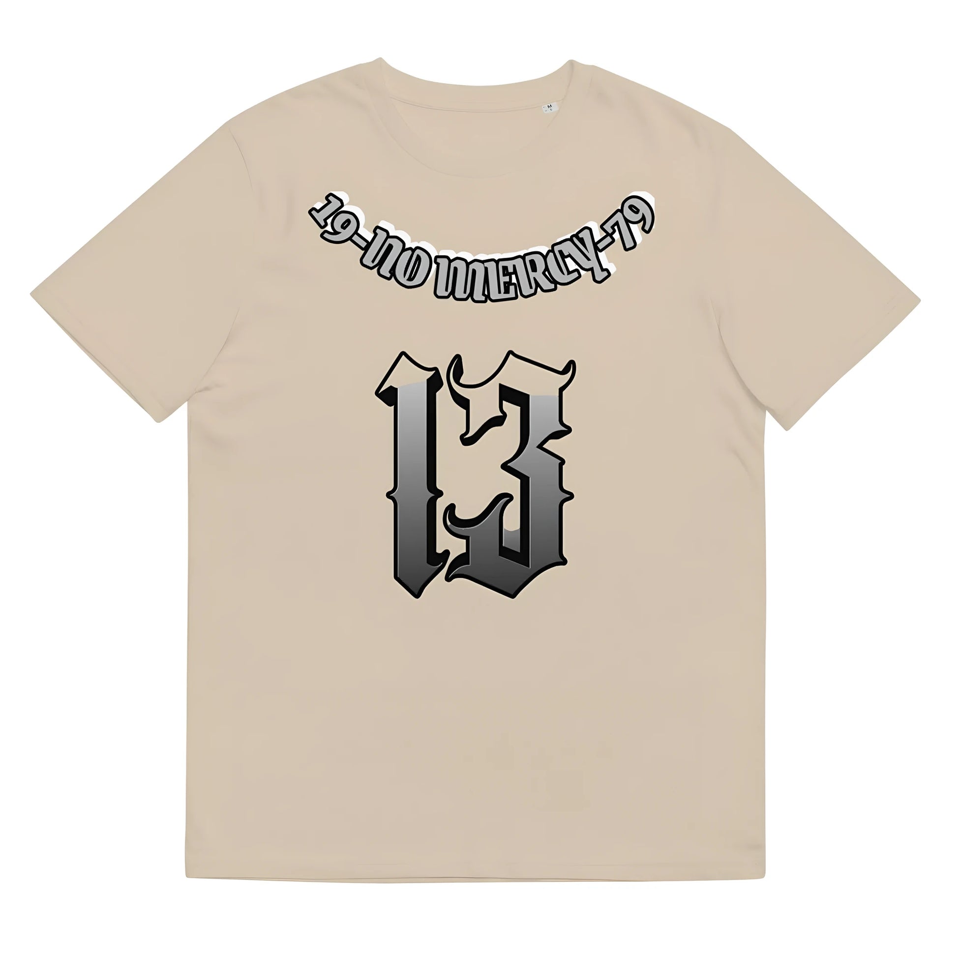 A loose-fitting grey cotton T-shirt with short sleeves and a round neck on a hanger.
