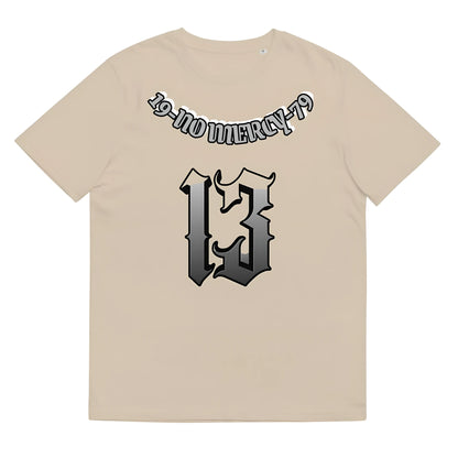 A loose-fitting grey cotton T-shirt with short sleeves and a round neck on a hanger.