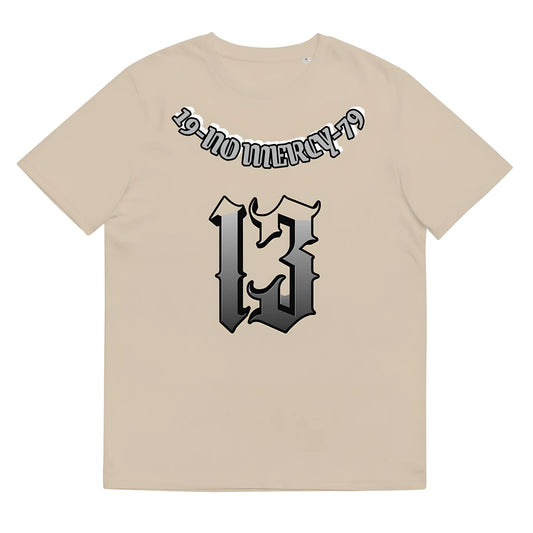 A loose-fitting grey cotton T-shirt with short sleeves and a round neck on a hanger.