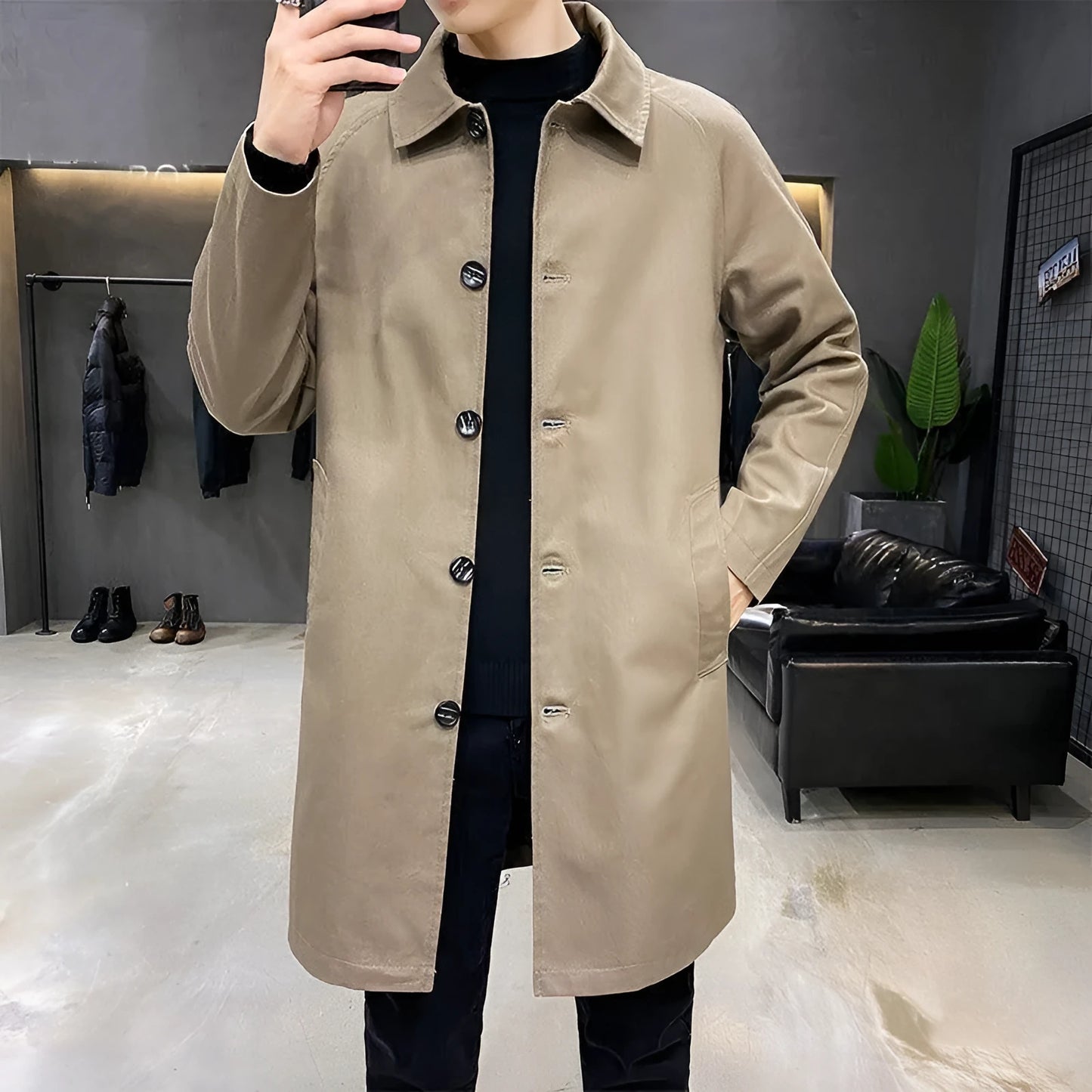 Men's khaki loose fit mid-length rabbit fur trench coat on hanger