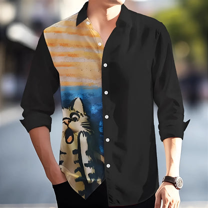 Man wearing a loose-fit, long sleeve Hawaiian shirt with a floral pattern