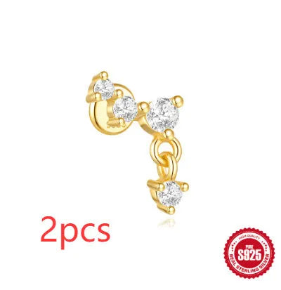 S925 sterling silver moon and star earrings with embedded diamond accents on a geometric design