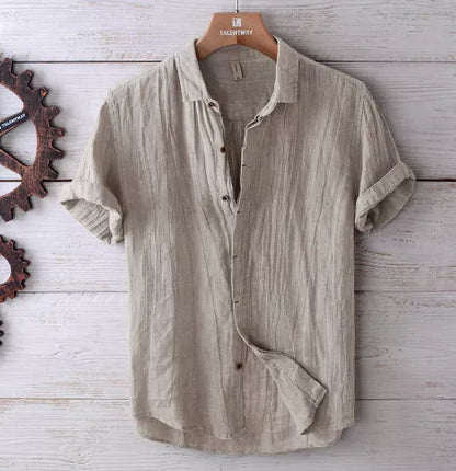 Men's solid color retro distressed linen shirt in white, blue, and gray