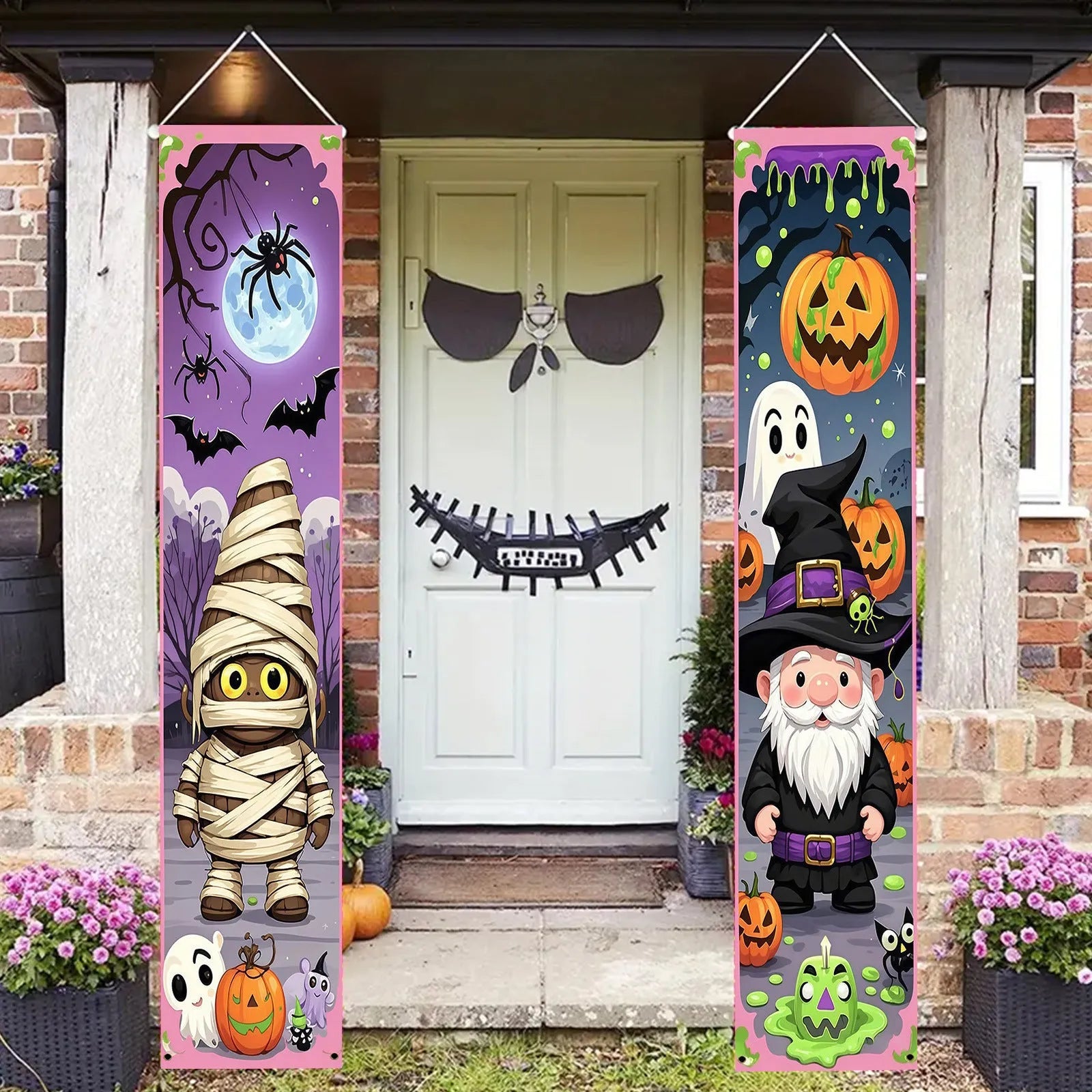 Pair of Halloween couplet hanging flag decorations measuring 30x180cm made from polyester fabric