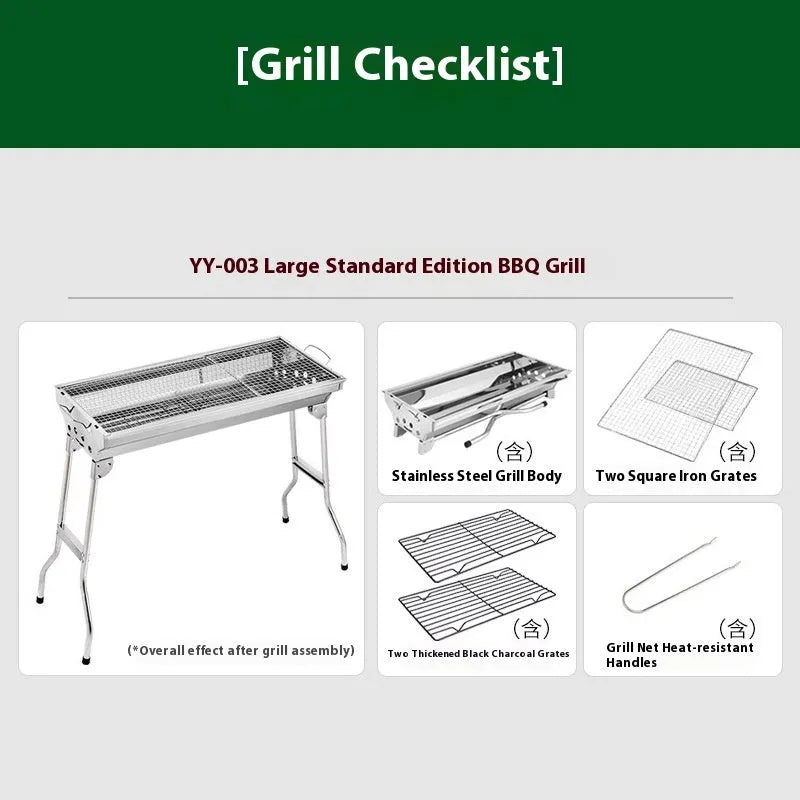Stainless steel portable barbecue oven with flip mechanism showing checked iron grills and charcoal stove