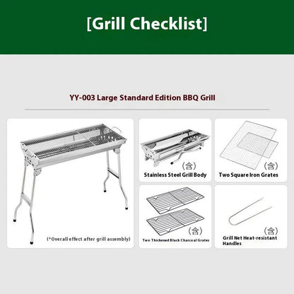 Stainless steel portable barbecue oven with flip mechanism showing checked iron grills and charcoal stove
