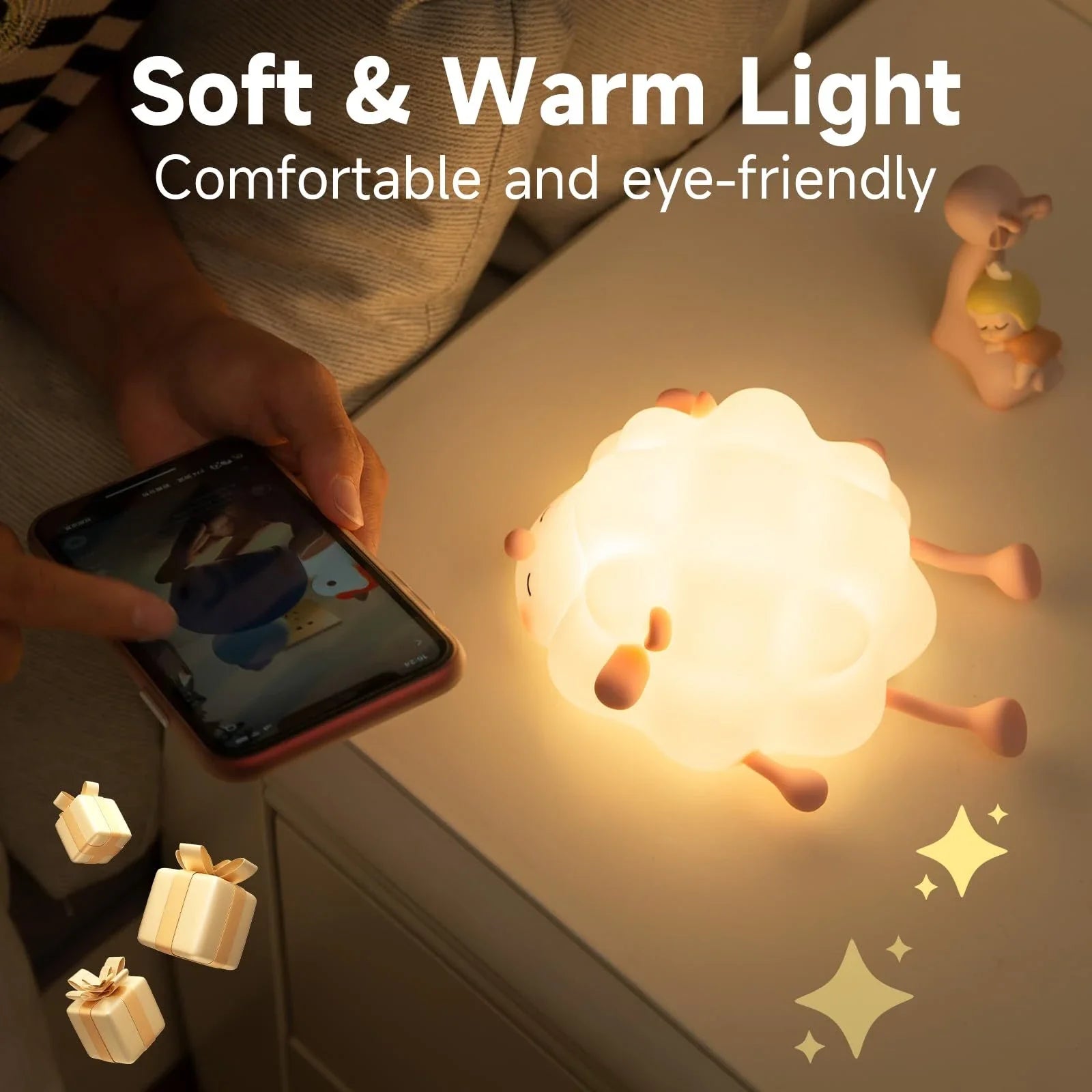 Cozy Sheep Night Light with adjustable brightness and timer for soothing sleep