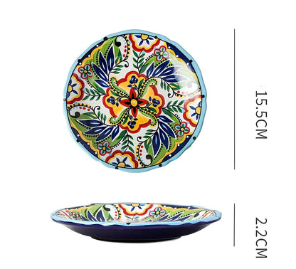 Underglaze ceramic bowl with Bohemian floral pattern in blue mandarin duck design, 8 inch diameter