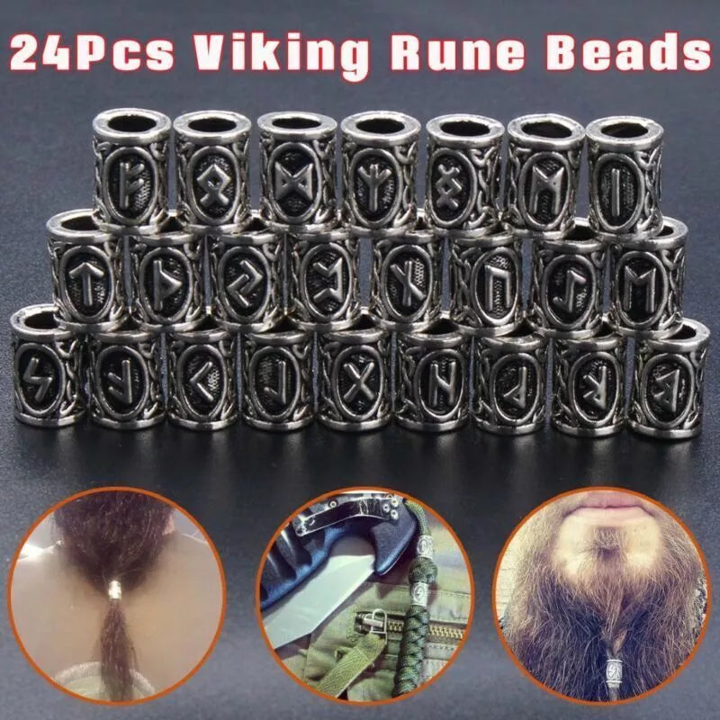 Set of 24 Viking Rune Beard Beads in antique silver, bronze, and red brass