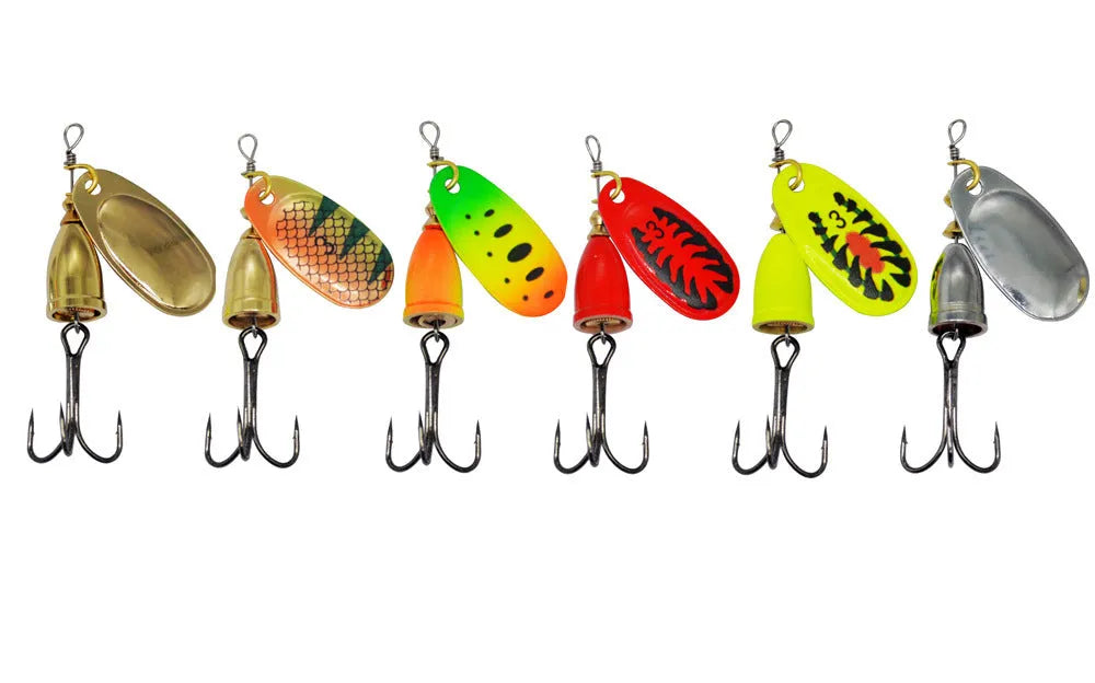 R Composite Rotating Sequins Copper Bell Fishing Lure in multiple metallic colours showing 3# size and construction details