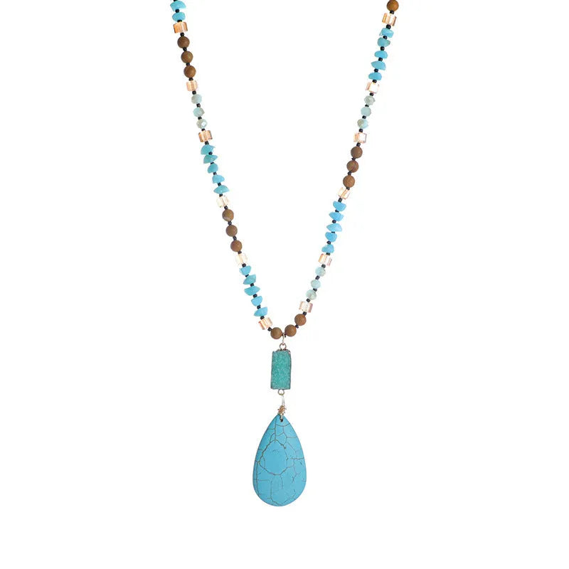 Blue turquoise heart-shaped pendant on ball bead chain with water drop geometry and adjustable 81cm length