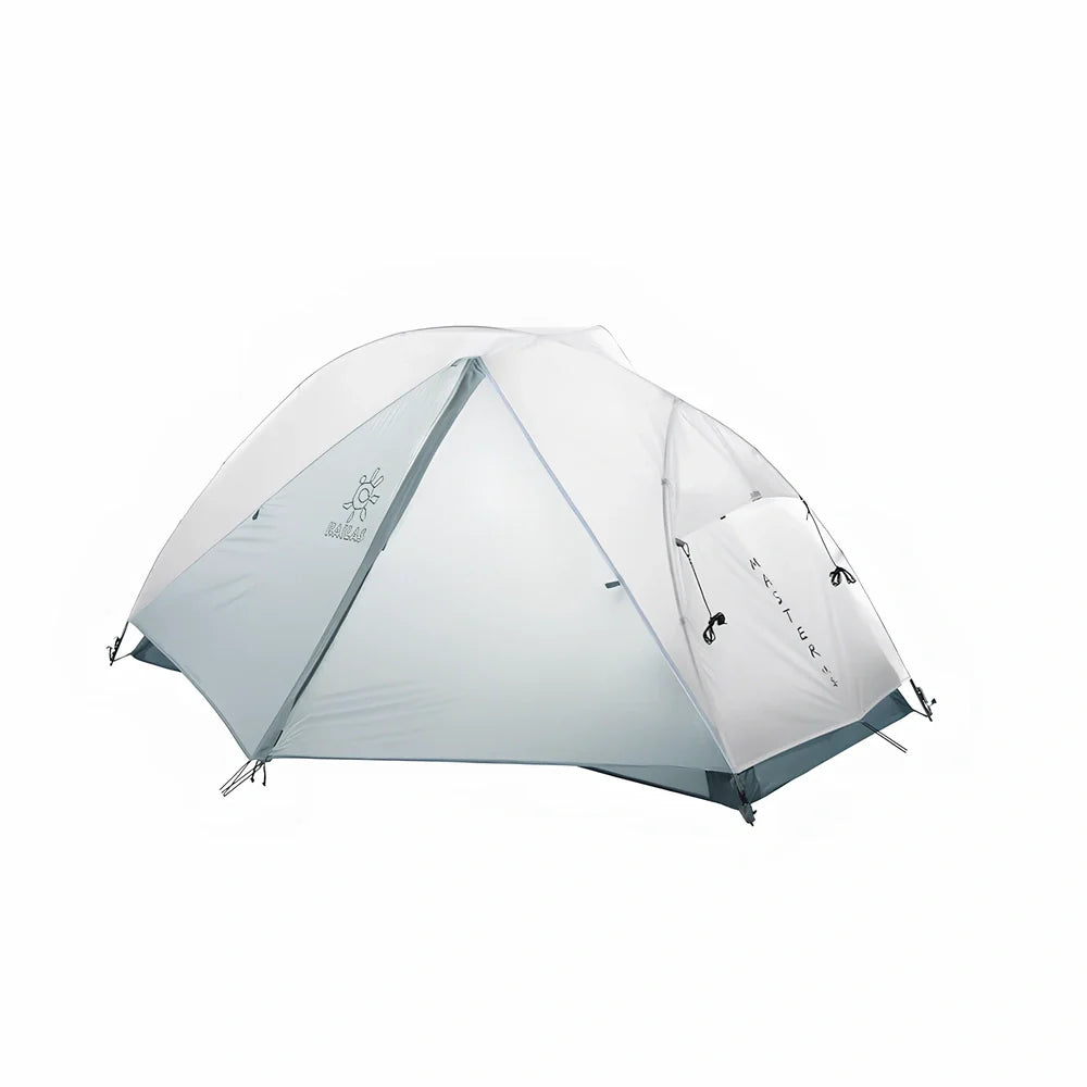 White double-layer camping tent with aluminium frame, side ventilation windows, and waterproof bottom
