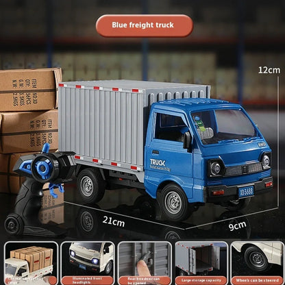 Blue remote control city truck with LED lights illuminated, demonstrating spray sound effect activation during operation