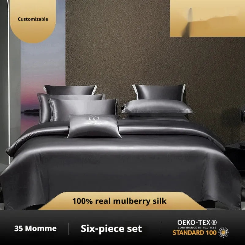 Household Fashion silk four-piece quilt cover set in solid colour showing 100% silk material texture and light luxury design
