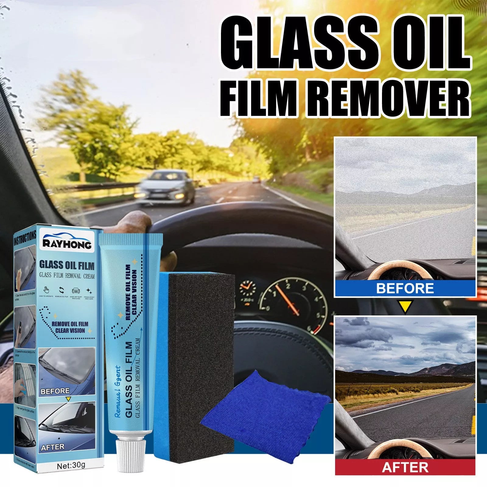 30g Car Windshield Glass Decontamination Rainproof Oil Film Remover with Sponge Cloth