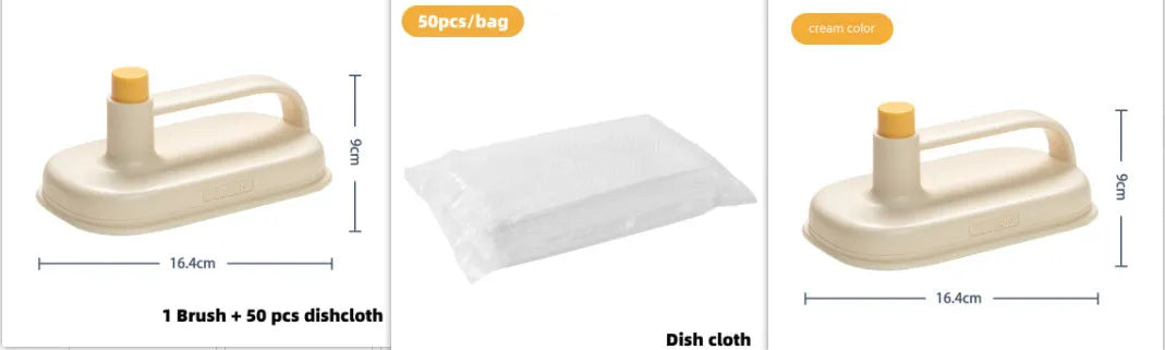 Disposable magic cleaning brush with plastic handle, storage box, and 50 white non-woven rag refills.