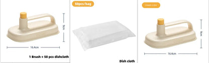 Disposable magic cleaning brush with plastic handle, storage box, and 50 white non-woven rag refills.