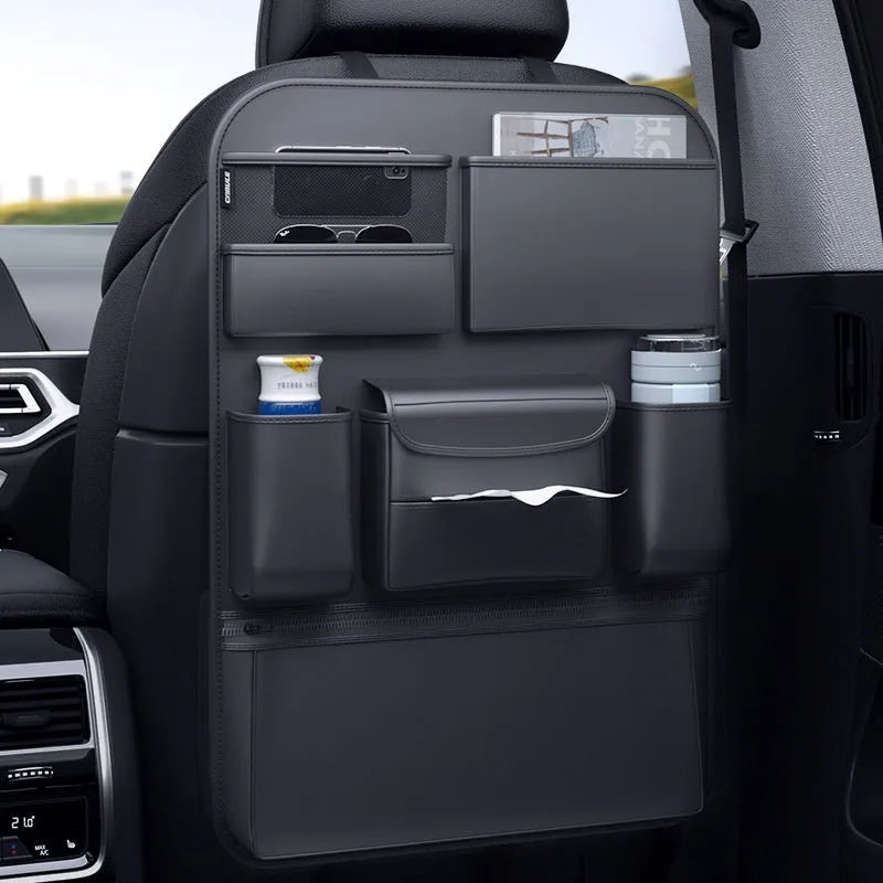 Black leather car seat back storage hanging bag organiser with handle