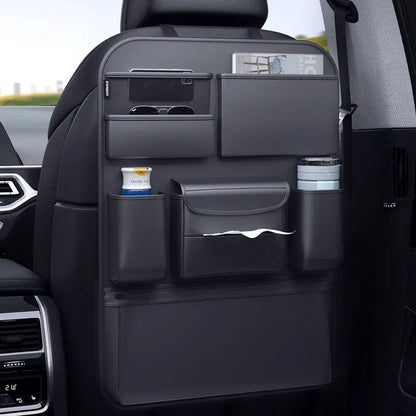Black leather car seat back storage hanging bag organiser with handle