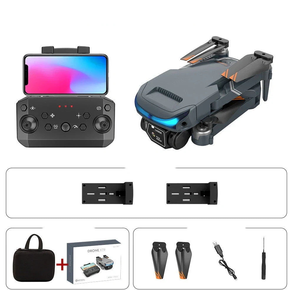 Black foldable drone with dual 4K cameras, unfolded to 18cm with protective covers installed