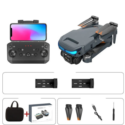 Black foldable drone with dual 4K cameras, unfolded to 18cm with protective covers installed