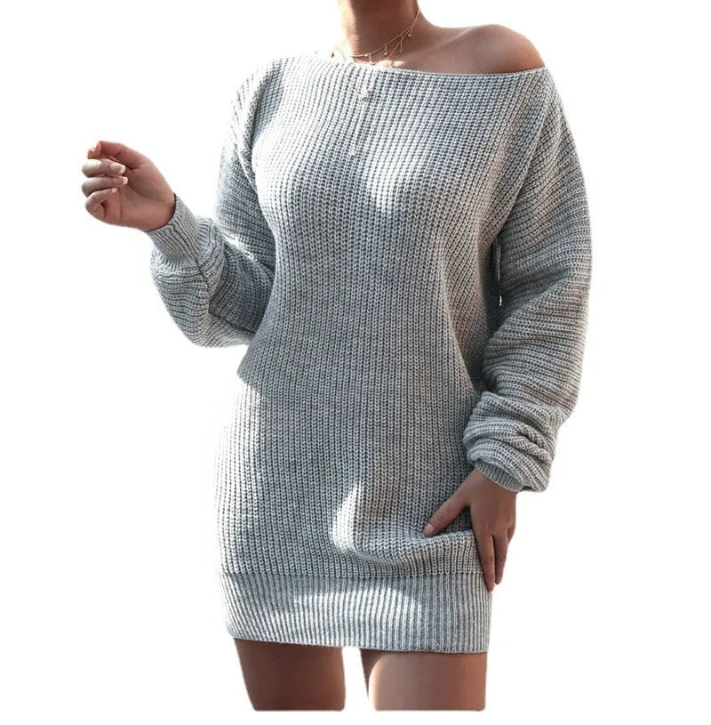 Women's off-shoulder knitted dress with lantern sleeves in soft acrylic fabric in wine red colour