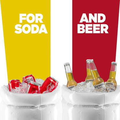 Large yellow inflatable beer mug shaped drink cooler floating in a swimming pool.