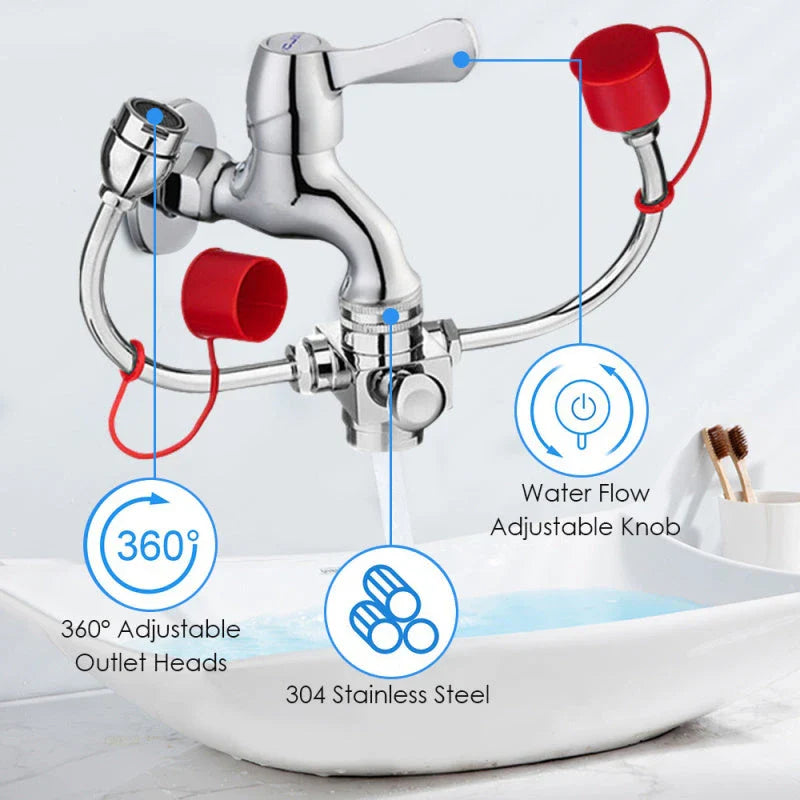 Versatile wall-mounted emergency eyewash station with dual spray heads for comprehensive eye coverage and hands-free 360-degree rotation
