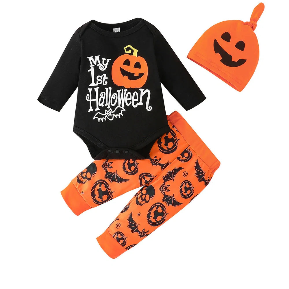 Baby wearing Halloween jumpsuit, trousers, and hat set with letters pattern and removable hood